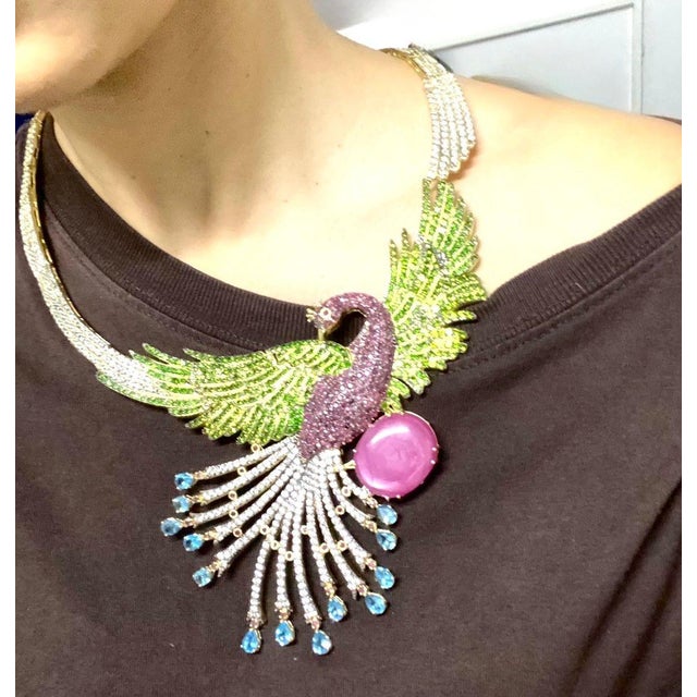 Bochic “Capri” Vintage Ruby, Sapphire & Garant Peacock Necklace Set In 18K & Silver Drop Necklace, Multi natural gem...