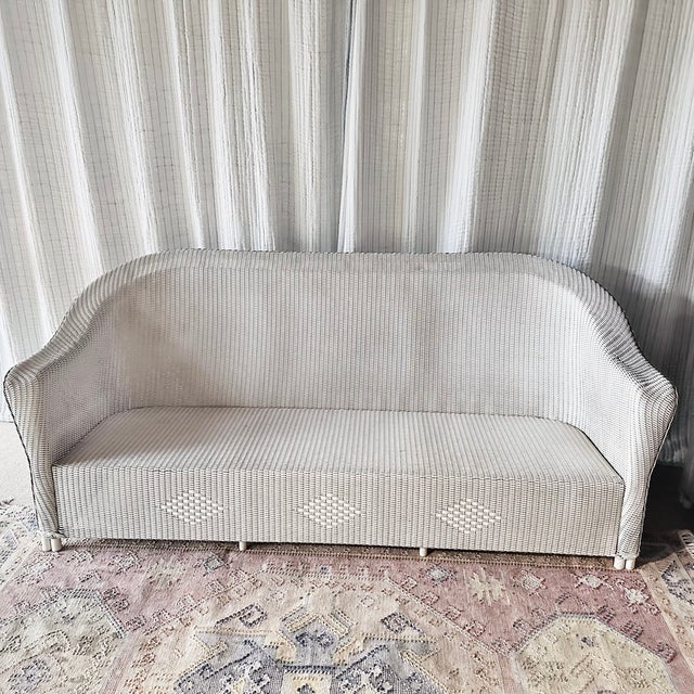 1980s Vintage Lloyd Looms - 3 Piece Wicker Set: Sofa, Rocking Chair, Foot Stool/Side Table, 3 Pieces For Sale - Image 5 of 17
