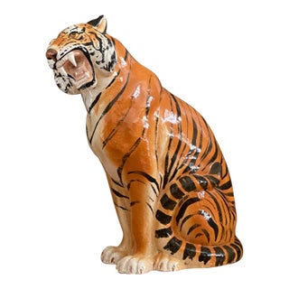 Vintage Italian Ceramic Tiger Statue Sculpture Mid Century Modern Hollywood Regency Style 1950's Stamped For Sale