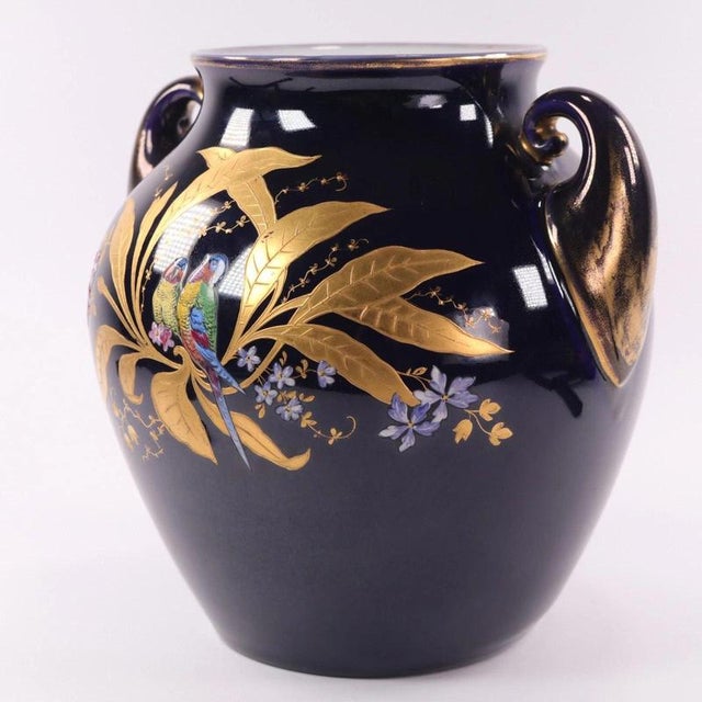 Ceramic Antique Cobalt Blue Porcelain Twin-Handled Parrot Vase from Fraureuth, 1920s For Sale - Image 7 of 15