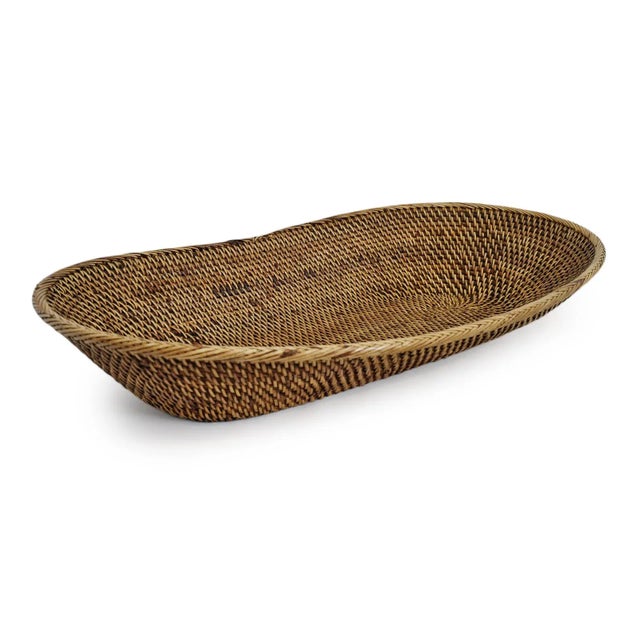 Vintage Boho Javanese Tea Stained Rattan Oval Plate For Sale - Image 4 of 5