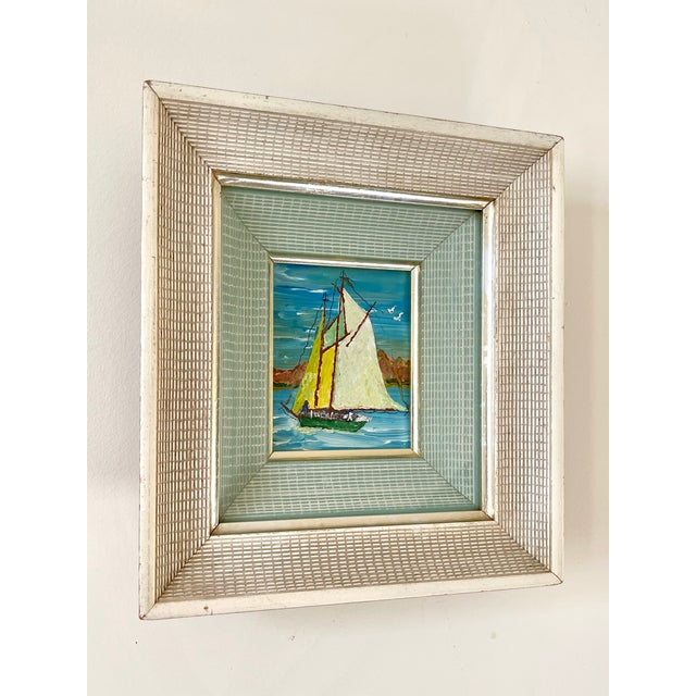 Turquoise Petite Vintage Expressionist Sailboat Seascape in Amazing 2-Tone Double Frame, Glazed For Sale - Image 8 of 13