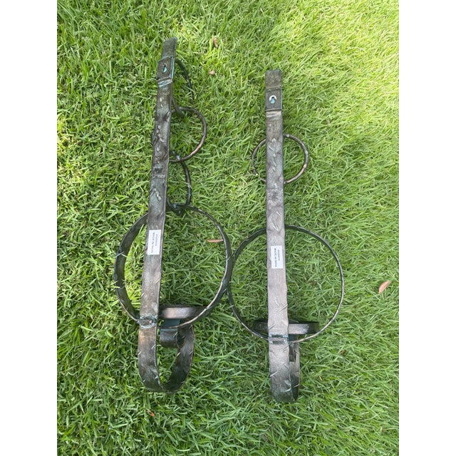 Verdigris Hand-Forged 25” Metal Wall Candle Sconces With Verdigris Patina, a Pair For Sale - Image 8 of 10