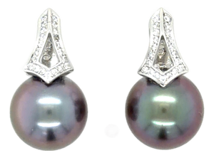 Mikimoto, 18 Karat White Gold, Cultured South Sea Pearl and Dianond Earrings, Pair