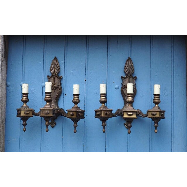 1940s Vintage Rococo Revival Italian 3-Arm Wall Sconces, 1940s, Set of 2 For Sale - Image 5 of 15
