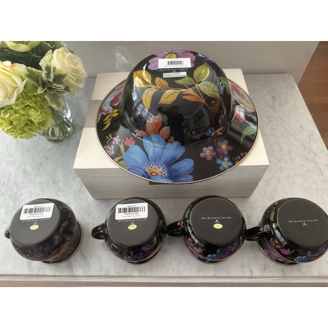 MacKenzie-Childs Set of 4 (16 oz) Hand-Decorated Stainless Steel Flower Market Mugs with 1 MacKenzie-Childs Flower Market...