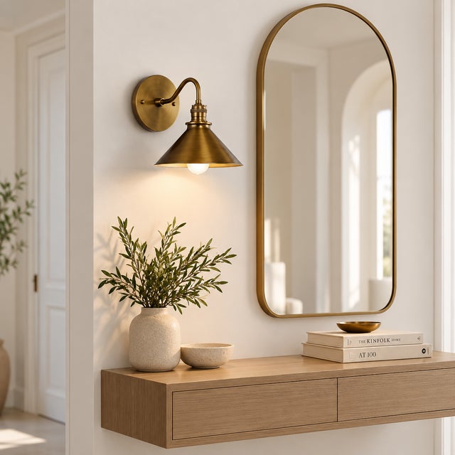 Antique Brass Cone Wall Sconces With Wide Metal Shades and Curved Arms - Pair For Sale - Image 4 of 12