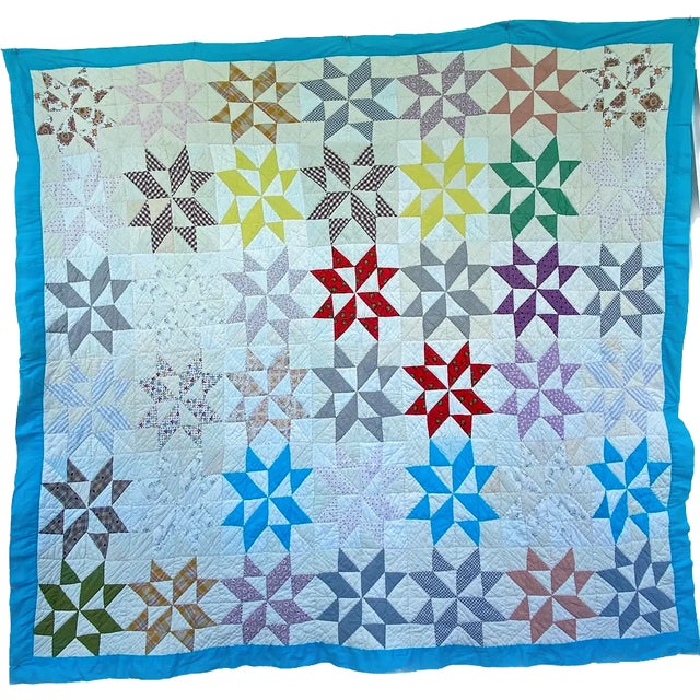 Vintage Mid-Western Eight Point Star Pattern Multi Colored Quilt For Sale - Image 4 of 6