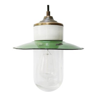 Vintage Industrial Green Enamel Brass, Porcelain, and Clear Glass Pendant Lamp For Sale