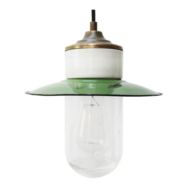 Vintage Industrial Green Enamel Brass, Porcelain, and Clear Glass Pendant Lamp For Sale