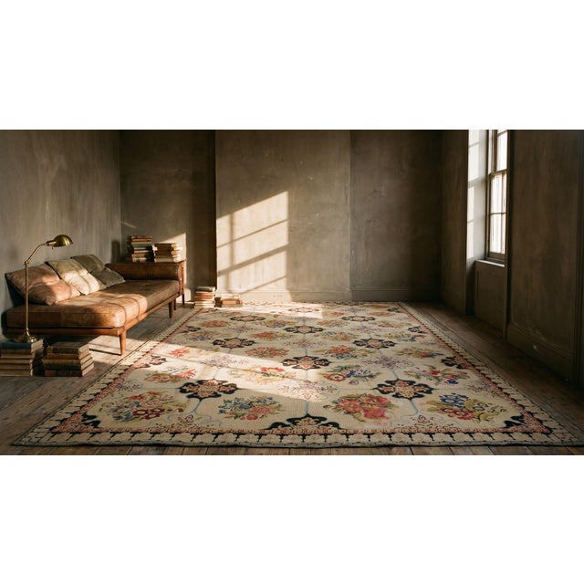 Beautiful Ivory, Blue and Red With Great Florid Design Antique Needlepoint Rug For Sale - Image 13 of 15