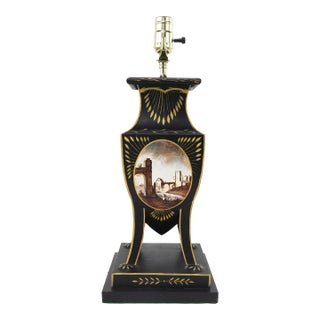 Vintage Hand Painted Black Tole Table Lamp With Scenic and Grape Motifs For Sale