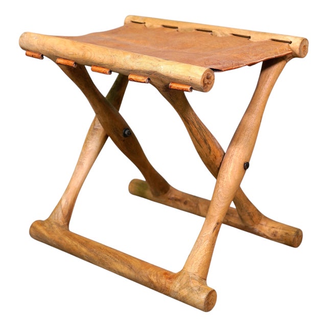Danish Modern Gold Hill Guldhøj Folding Stool in Oak and Cognac Leather by Poul Hundevad, 1960s For Sale
