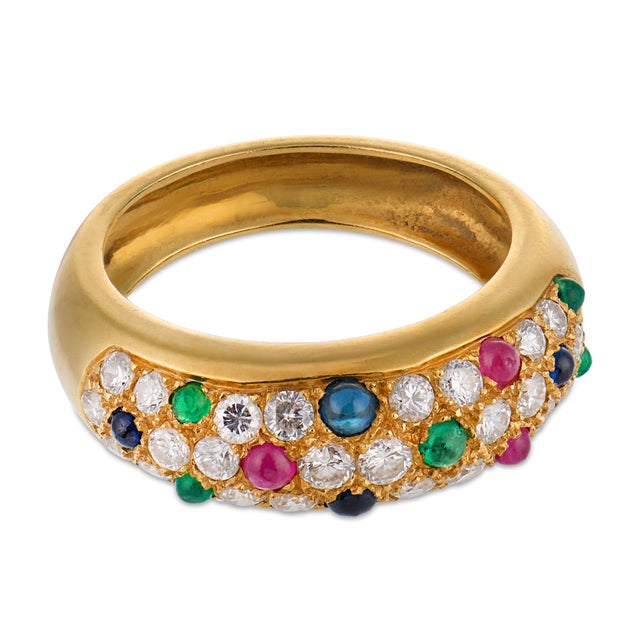 Contemporary Vintage Emerald Ruby Sapphire Diamond 18k Yellow Gold Pave Ring, Size 6.25 For Sale - Image 3 of 6