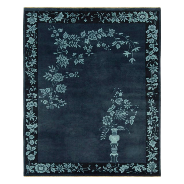 Rug & Kilim Chinese Style Art Deco Rug in Blue Floral Patterns - 10'x14' For Sale In New York - Image 6 of 6