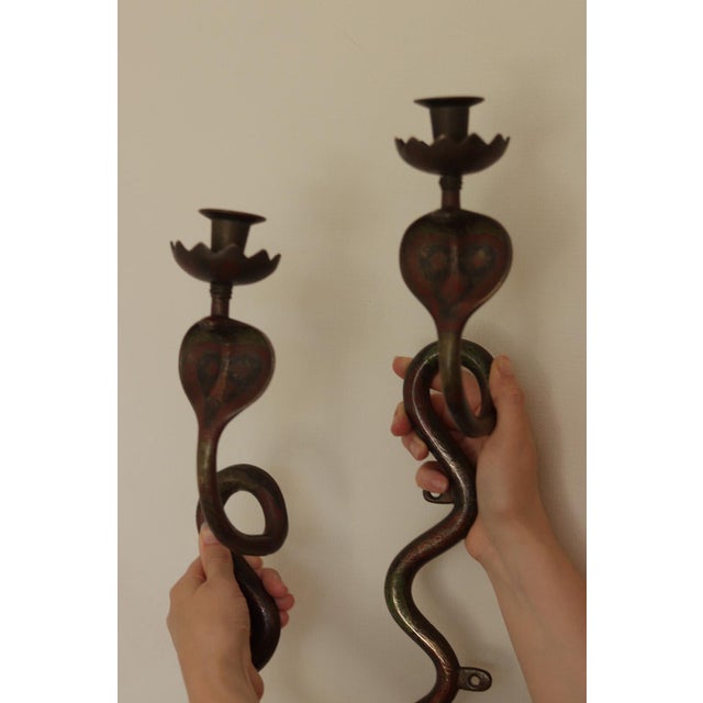 Egyptian Revival Engraved Brass Enameled Cobra Sconces, Set of 2 For Sale - Image 13 of 13