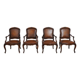 Set of 4 Theodore Alexander Mahogany Leather French Armchairs For Sale