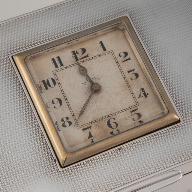 20th Century English Art Deco Solid Silver Cigarette Box with Clock, London, 1920s For Sale - Image 11 of 18