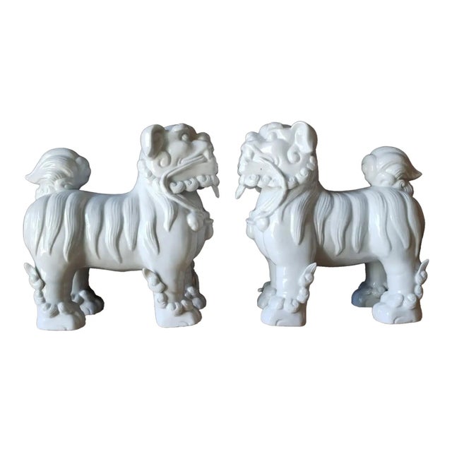 Mid-Century Modern Large Mirrored Blanc De Chine Guardian Lions - Pair of Dehua Foo Dogs For Sale - Image 3 of 10