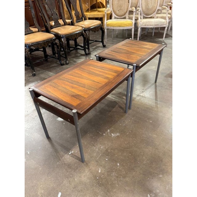 Set of 3 Norwegian MCM rosewood and steel side tables. Circa 1960. If you're drawn to the sleek elegance of Norwegian Mid-...