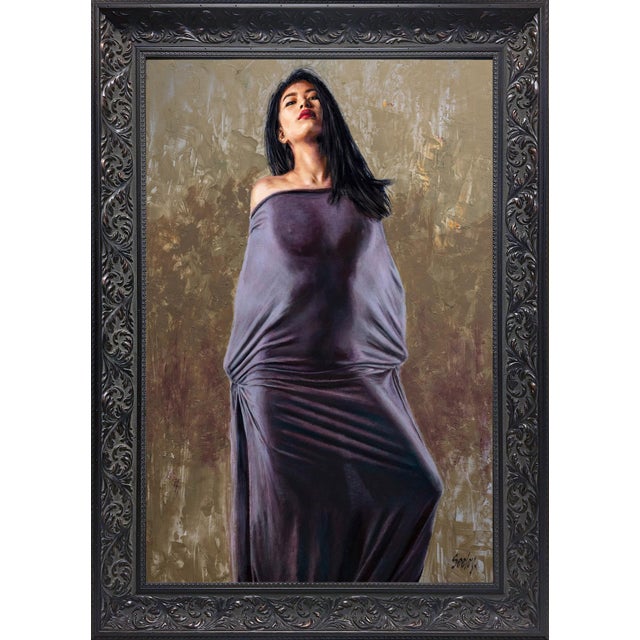 This oil painting depicts a figure draped in a flowing, textured garment, exuding confidence and grace. The subtle...