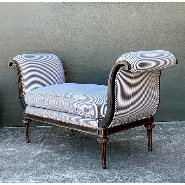 Farmhouse Vintage Ticking Stripe Scroll Bench For Sale - Image 3 of 12