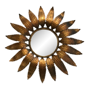 Vintage Italian Iron Mirror With Oak Tree Leaves Shaped Sunburst Braiding Detail Frame Around the Mirror