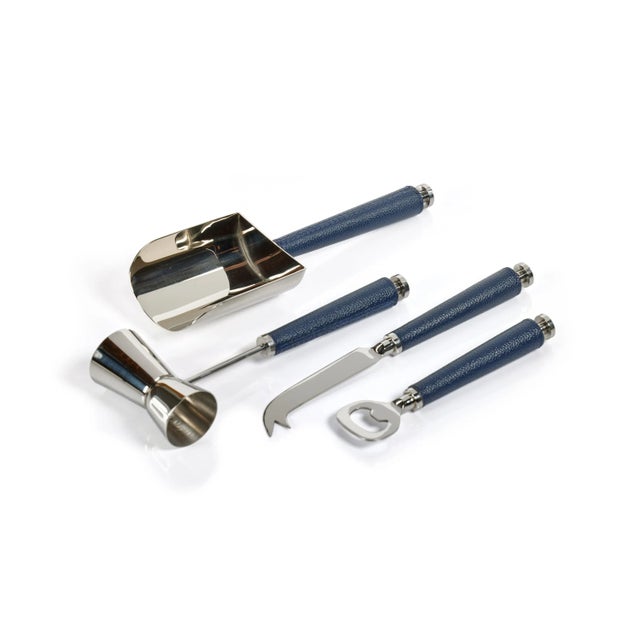 Take your home bar or drinks cart to the next level with our mirror finish Nickel and Blue Leather Bar Tool Set. The...