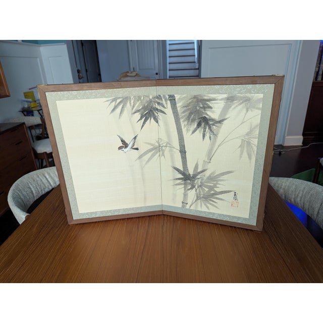 1970s Vintage Japanese 2-Panel Desktop Byōbu Folding Screen Signed Gyokufu For Sale - Image 4 of 10