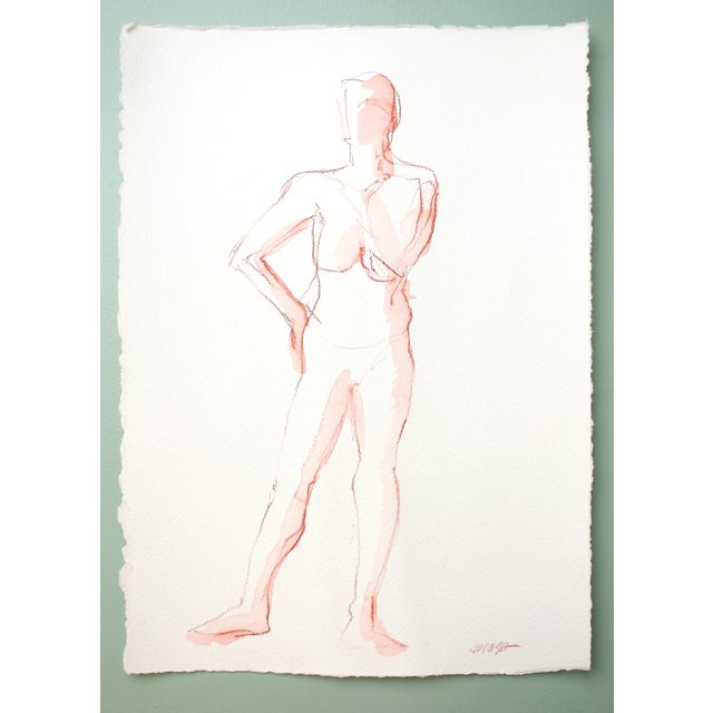 Realism Deep Red Standing Female Nude Watercolor Painting For Sale - Image 3 of 6