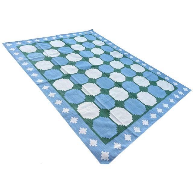 Sky Blue Handmade Cotton Area Rug, Vegetable Dyed Sky Blue, Cream and Green Swedish Tile Dhurrie-4'x6' For Sale - Image 8 of 13