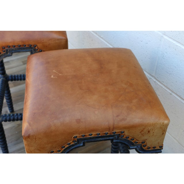 Animal Skin Set of 5 Vintage Leather Bar Stools With Spindle Legs & Nailhead Trim | Spanish Revival / Mediterranean Style For Sale - Image 7 of 18