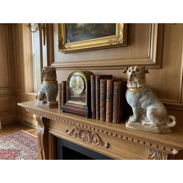 English 19th Century Antique Pair of Bo’Ness Pug Dog Figurines - Staffordshire Style Scottish Pottery With Glass Eyes & Gilt Collars - 12” Tall For Sale - Image 3 of 10
