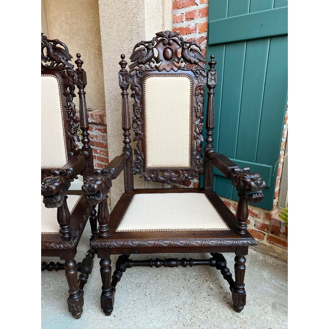 Late 19th Century Pair Antique French Arm Chairs Dining Renaissance Carved Oak Bird Black Forest For Sale - Image 5 of 12