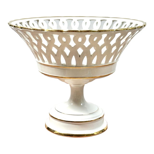 Vintage Italian Ceramic White Reticulated Pedestal Basket Fruit Bowl / Compote For Sale