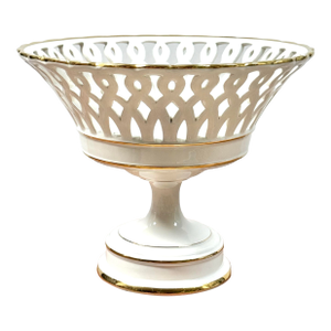 Vintage Italian Ceramic White Reticulated Pedestal Basket Fruit Bowl / Compote