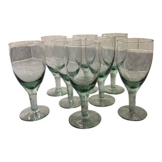Vintage Hand Blown Mexican Green Tinted Wine Goblets - Set of 8 For Sale