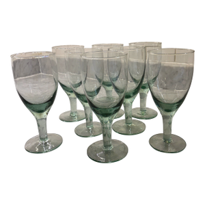 Vintage Hand Blown Mexican Green Tinted Wine Goblets - Set of 8