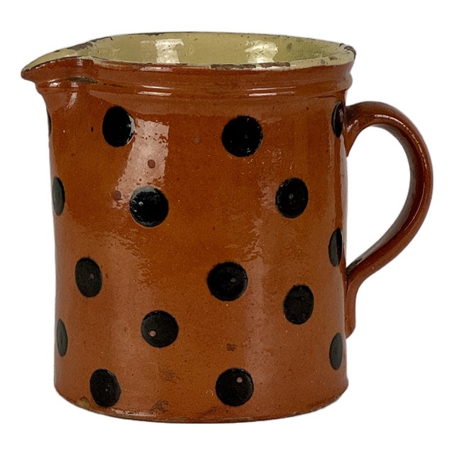 Antique 19th Century French Hand Painted Polkadot Pitcher in Fiery Pumpkin Orange, Large 6" H For Sale