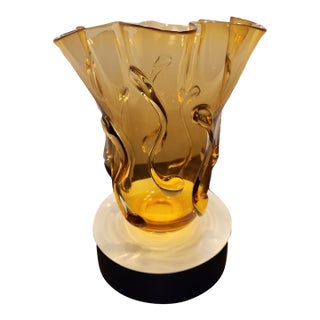Vintage Mid Century Murano Amber Art Glass Ruffled Vase Applied Trail 15" For Sale
