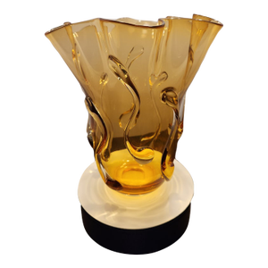 Vintage Mid Century Murano Amber Art Glass Ruffled Vase Applied Trail 15"