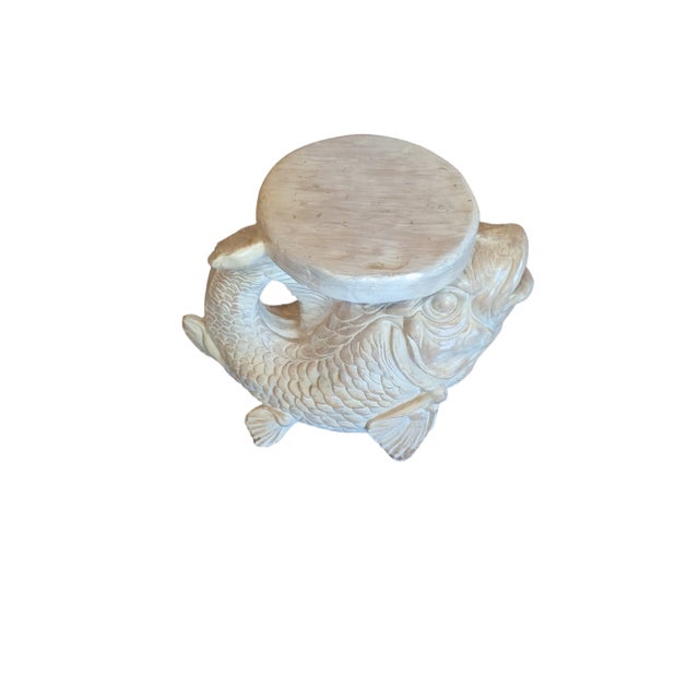 Vintage cerused carved wooden koi plant stand. Detailed carving with raised tail.