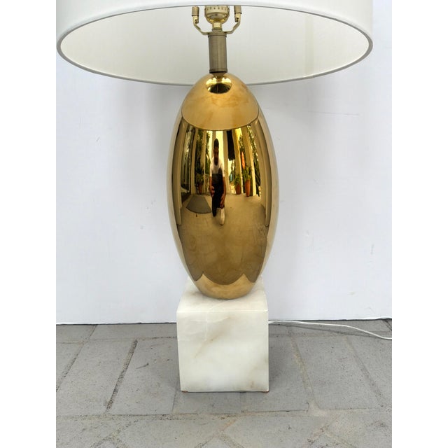 Stylish Modern Brass Lamp on Marble Cube Base. White shade. Showroom Floor Sample.