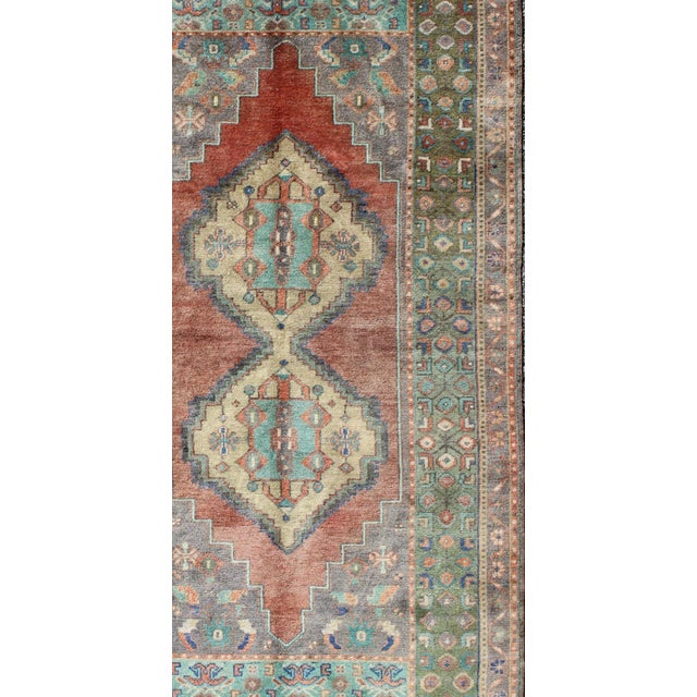 Green and orange Turkish Oushak rug vintage dual diamond medallions, Keivan Woven Arts / rug tu-en-140417, country of...