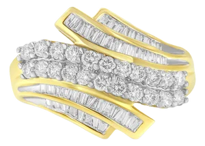 10K Yellow Gold 1.0 Cttw Round & Baguette Cut Diamond 64 Stone Bypass Style Channel Set Modern State