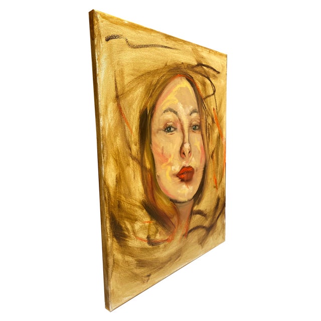 A portrait of a woman with expression markings bright red lips on a beige background. Original oil painting.
