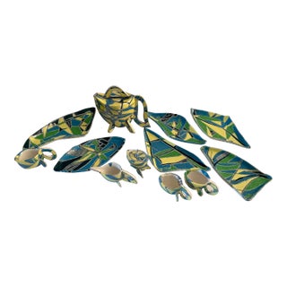 Postmodern Memphis Art Pottery Ceramic Tea Set Cups Platter Set - 14 Pieces For Sale