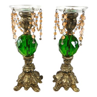 Vintage Hollywood Regency Green Lucite Brass Metal Candlesticks With Bobeches- a Pair For Sale