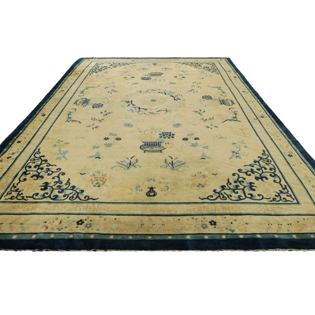 Rug & Kilim Antique Chinese Peking Rug in Cream & Blue Florals and Pictorials | Rug & Kilim For Sale - Image 4 of 8
