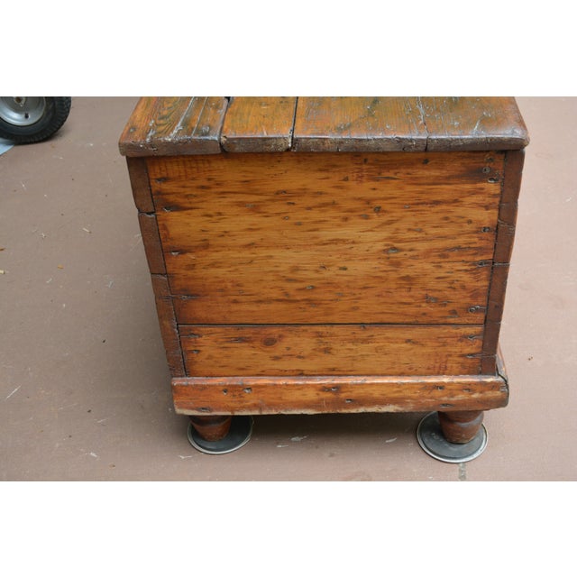 Antique European Rustic Wood Pine Trunk / Blanket Box W/ Double Lift Up Lids For Sale - Image 9 of 17